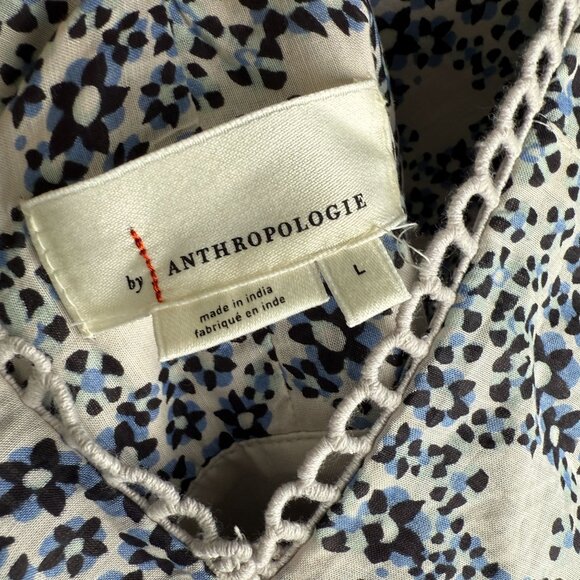 Anthropologie V-Neck Plunge Mini Tunic Dress Blue Cream Size L Garden Party - Picture 6 of 12